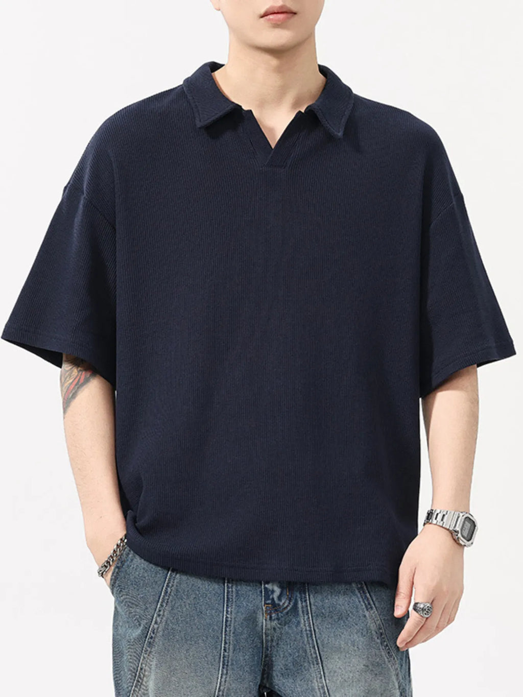 Plus Size Collared Neck Half Sleeve Polo in Royal Blue for Men