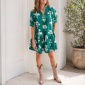 Frilled V-Neck Puff Short Sleeve Floral Mini Dress for Women
