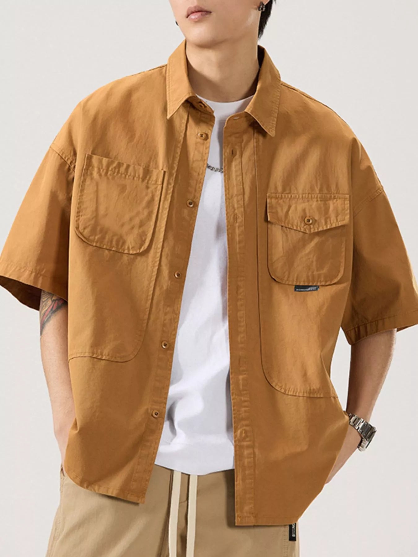 Button Up Half Sleeve Shirt Plus Size in Light Apricot in Black for Men