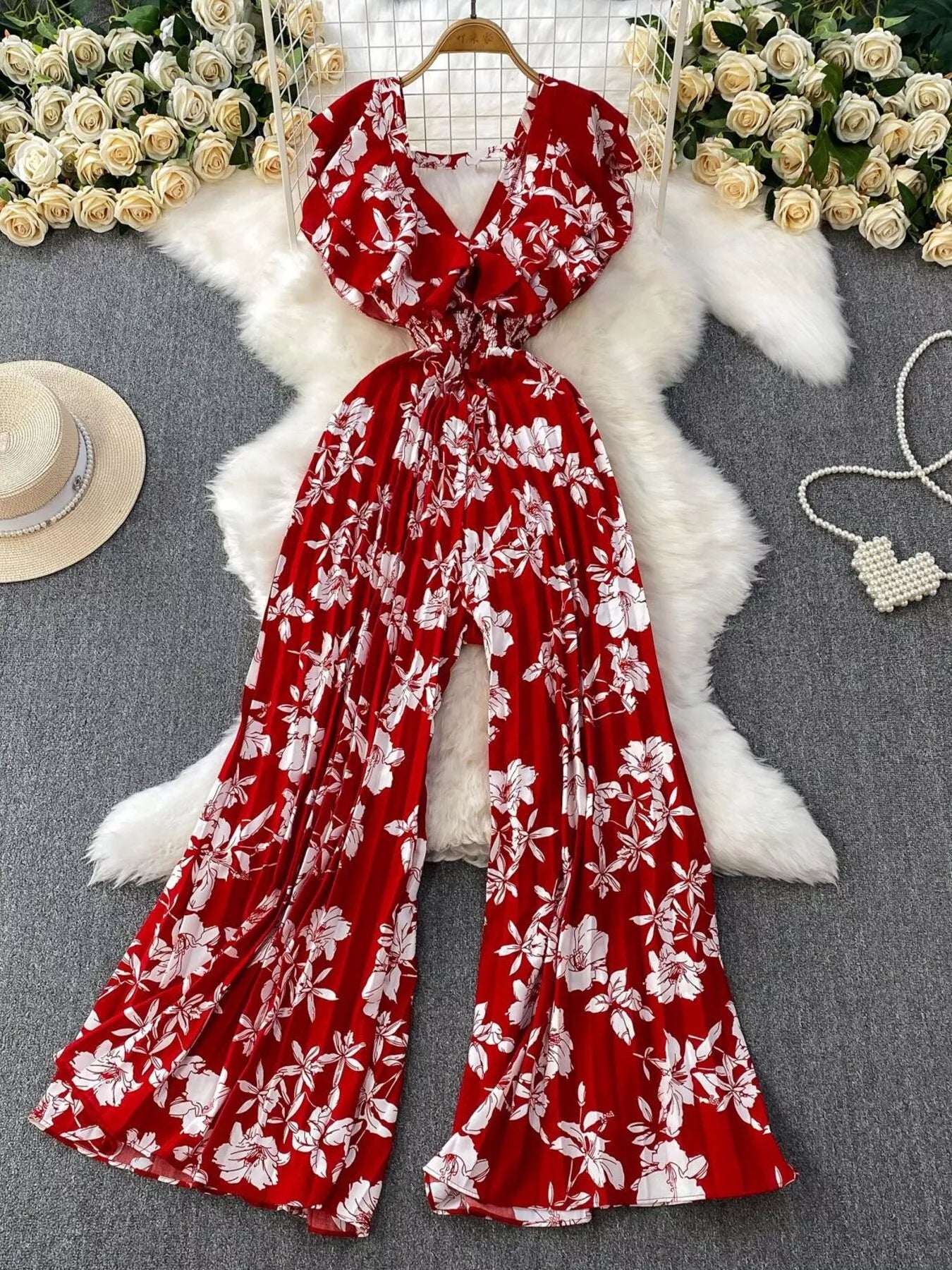 Black Floral Print Wide Leg Pleated Jumpsuit in Yellow for Women