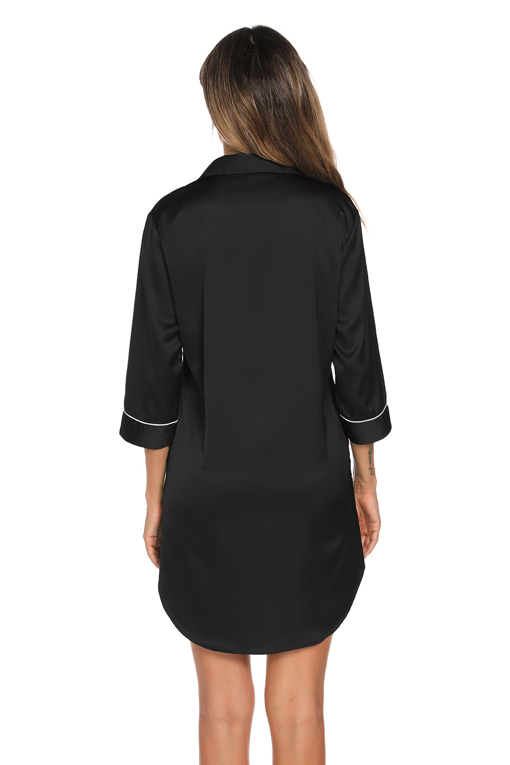 Button Up Collared Neck Night Dress with Pocket in Black for Women