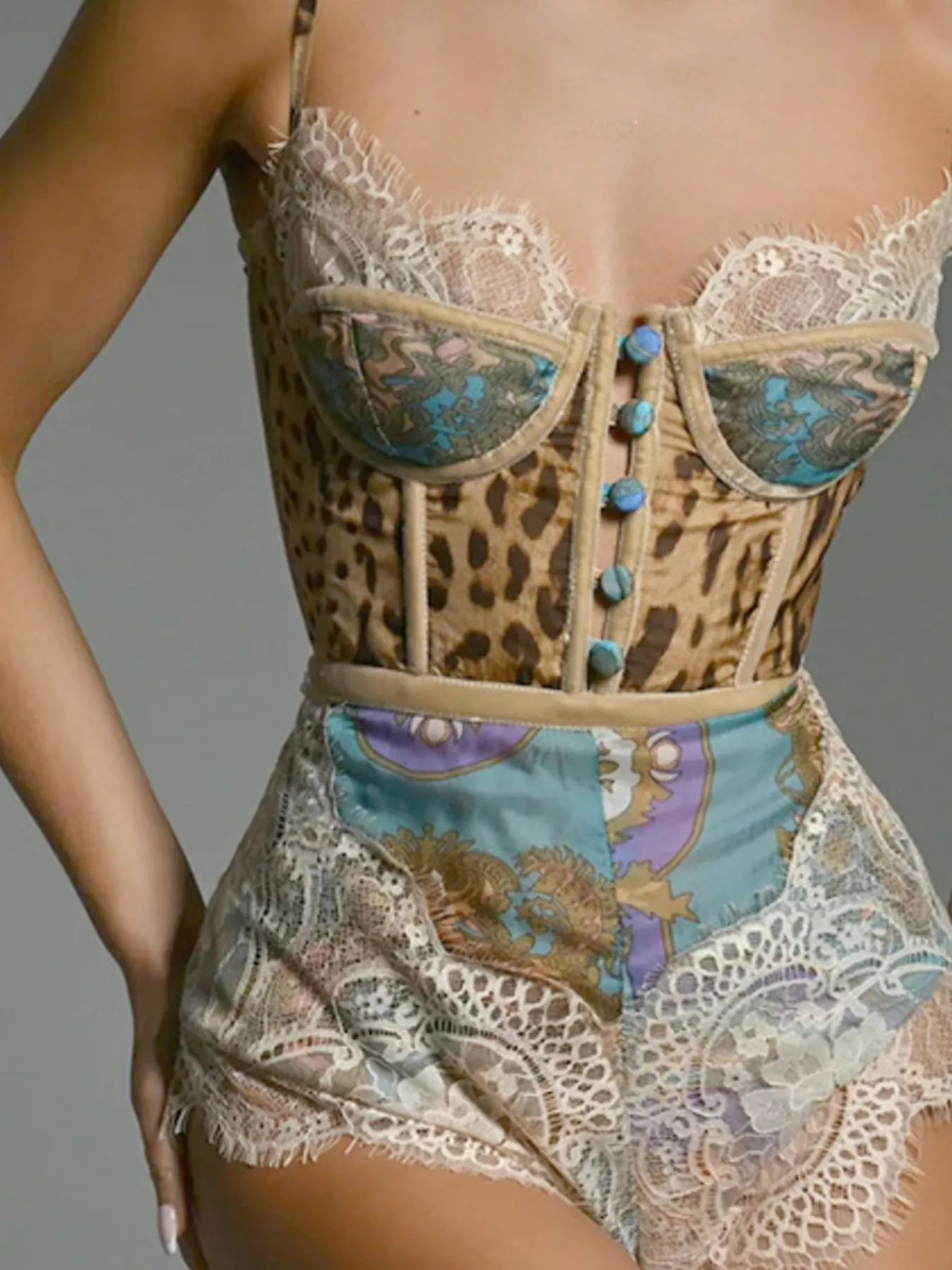 Leopard Print Lace Trim Romper in Multicolor for Women