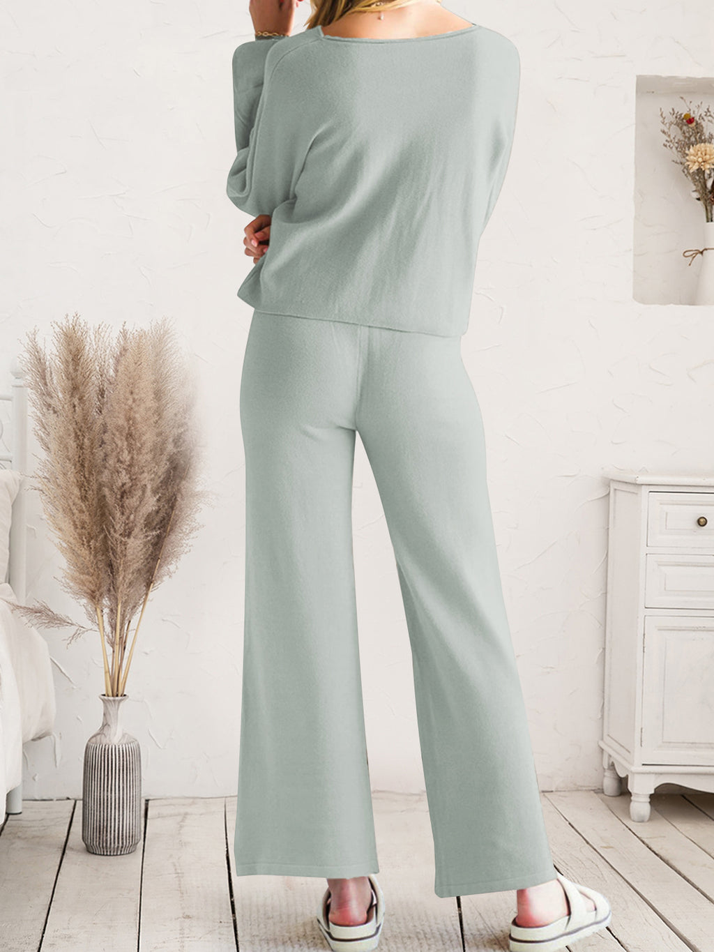 Long Sleeve Lounge Top and Drawstring Pants Set in Dark Gray for Women