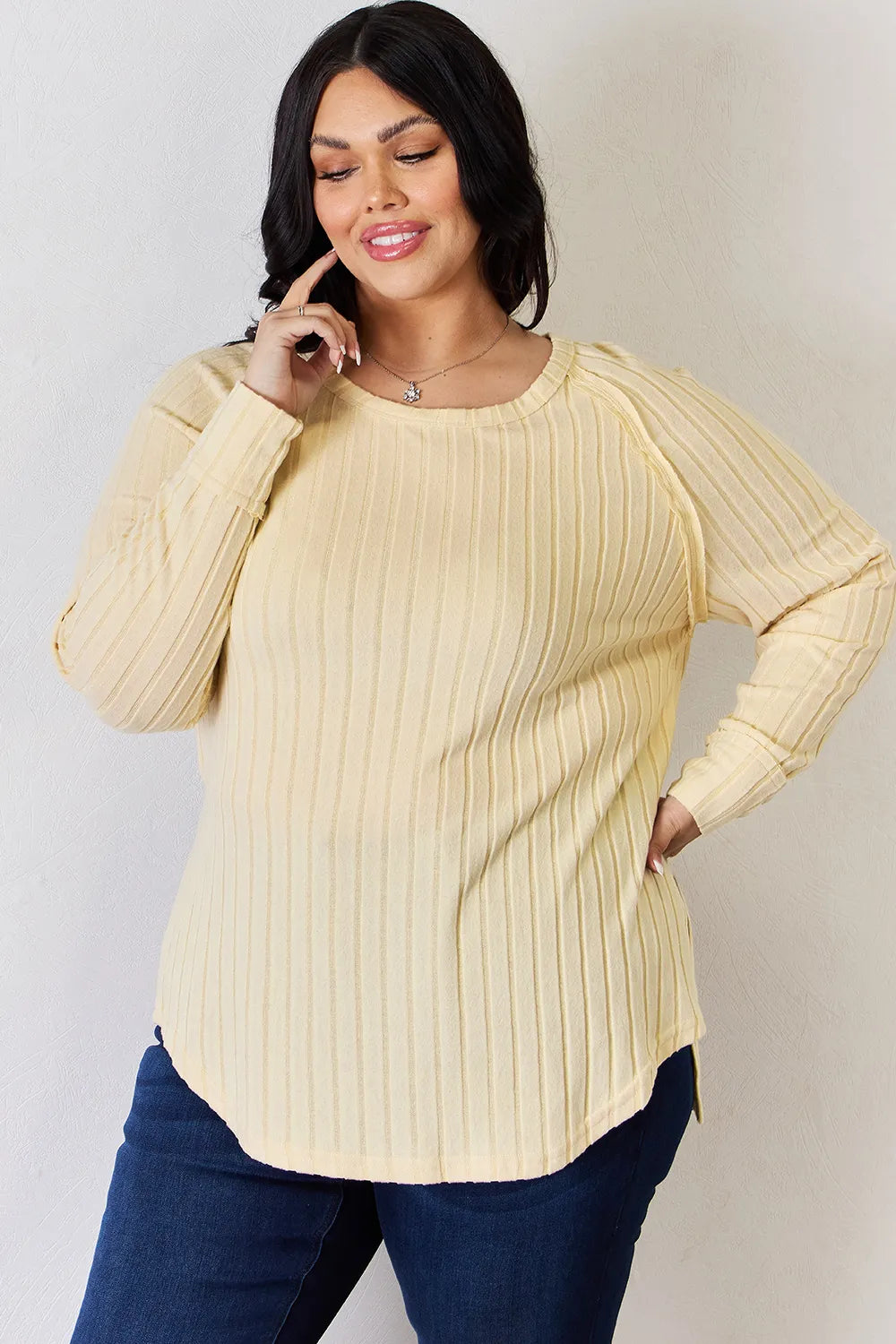 Plus Size Ribbed Round Neck Slit T-Shirt in Sky Blue for Women