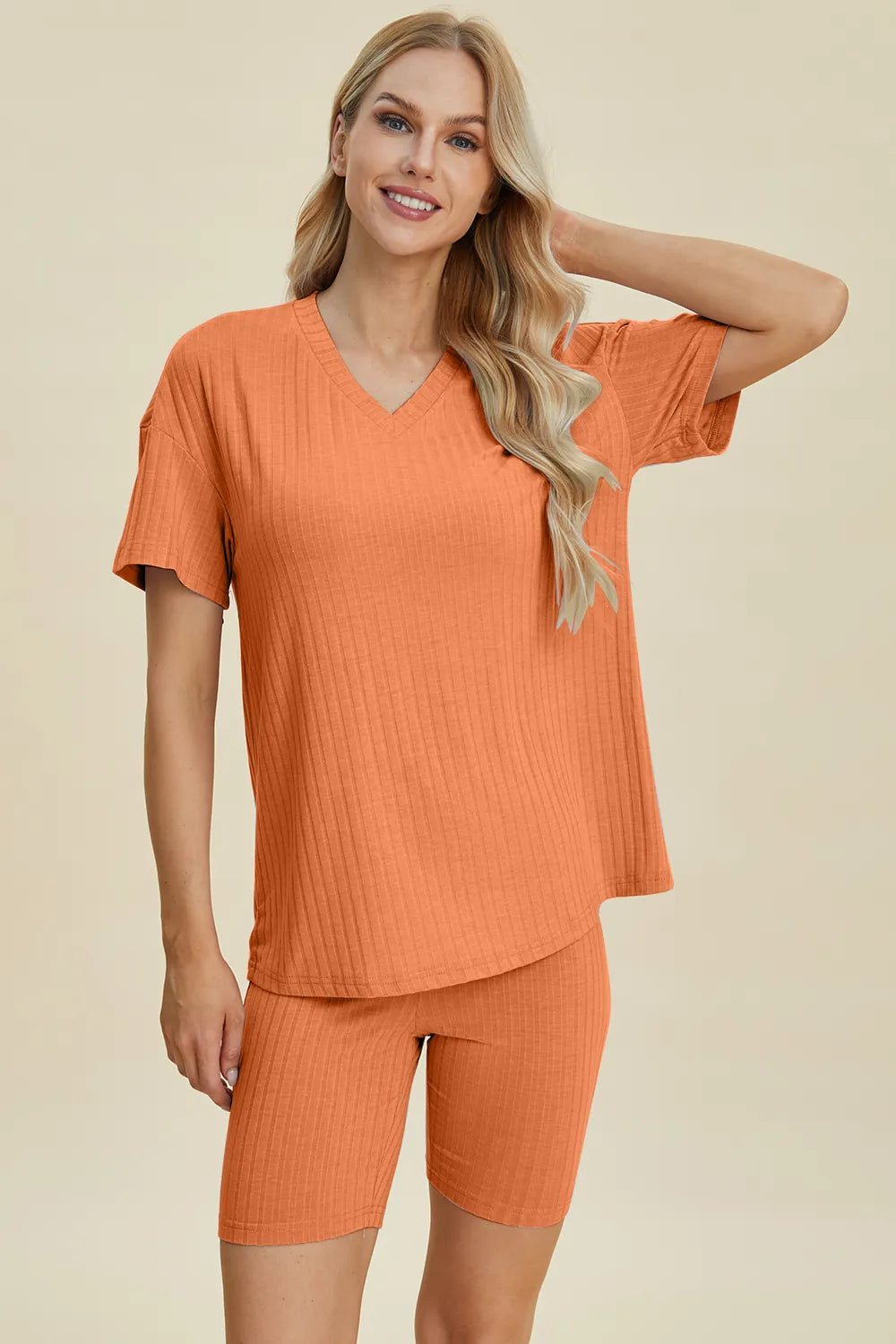 Plus Size Ribbed V-Neck Short Sleeve Top and Shorts Set in Blue for Women