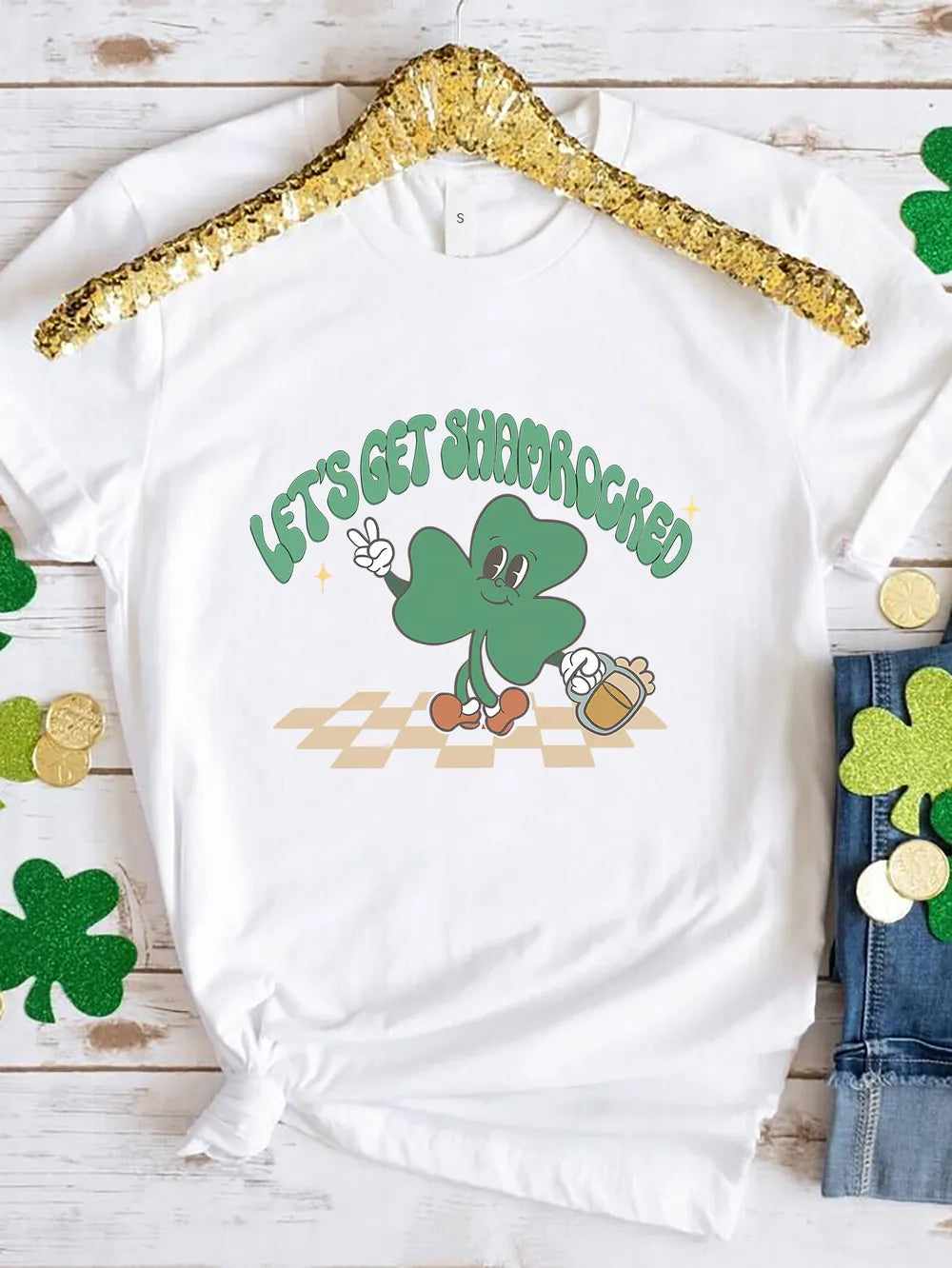 Lets Get Shamrocked Round Neck T-Shirt in Black for Women