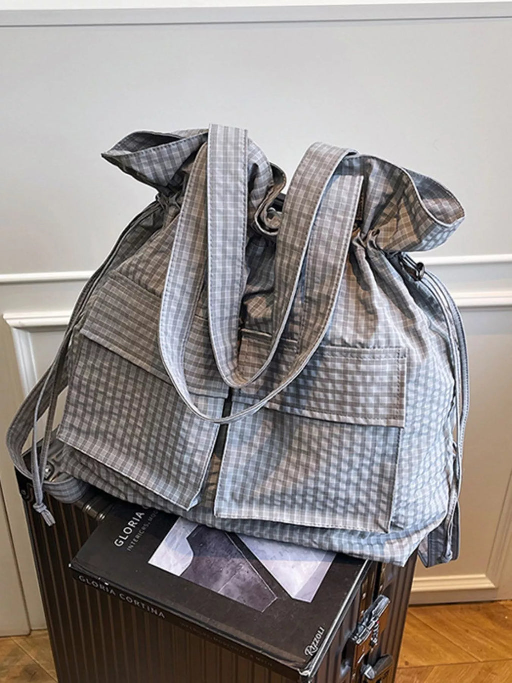 Convertible Plaid Drawstring Backpack Bag in Black for Women
