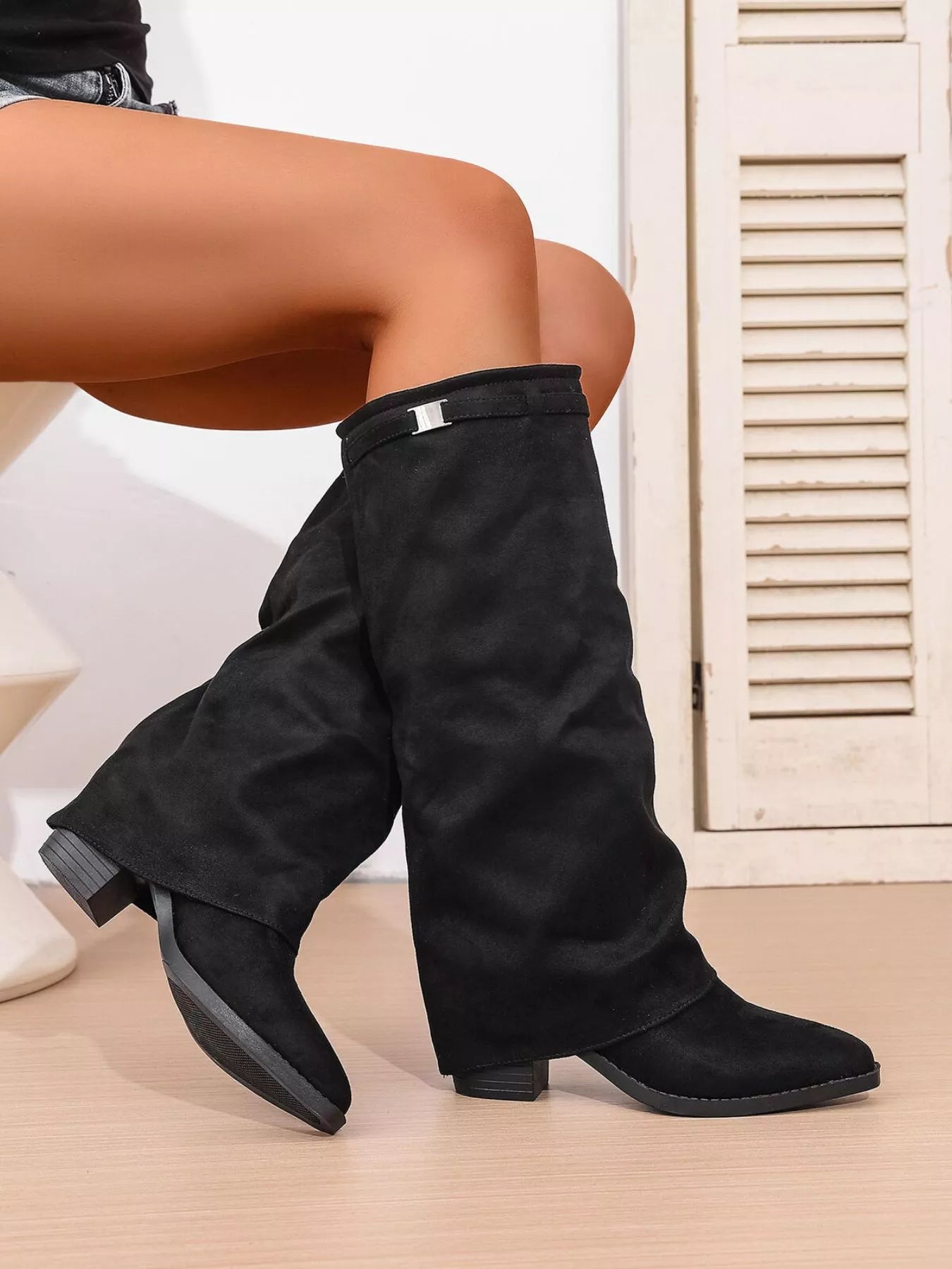 Point Toe Block Heels Boots in Classic in Black for Women