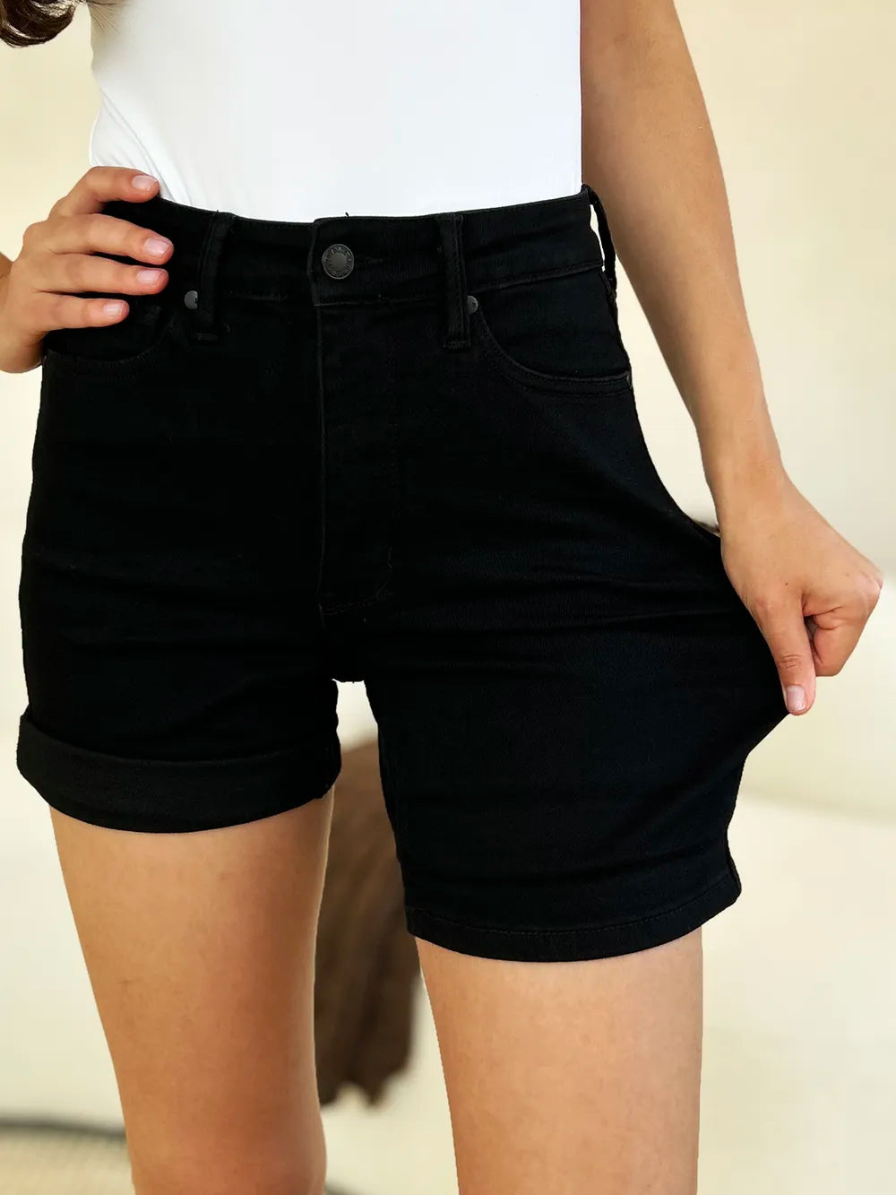 Plus Size High Waist Tummy Control Cuffed Denim Shorts for Women