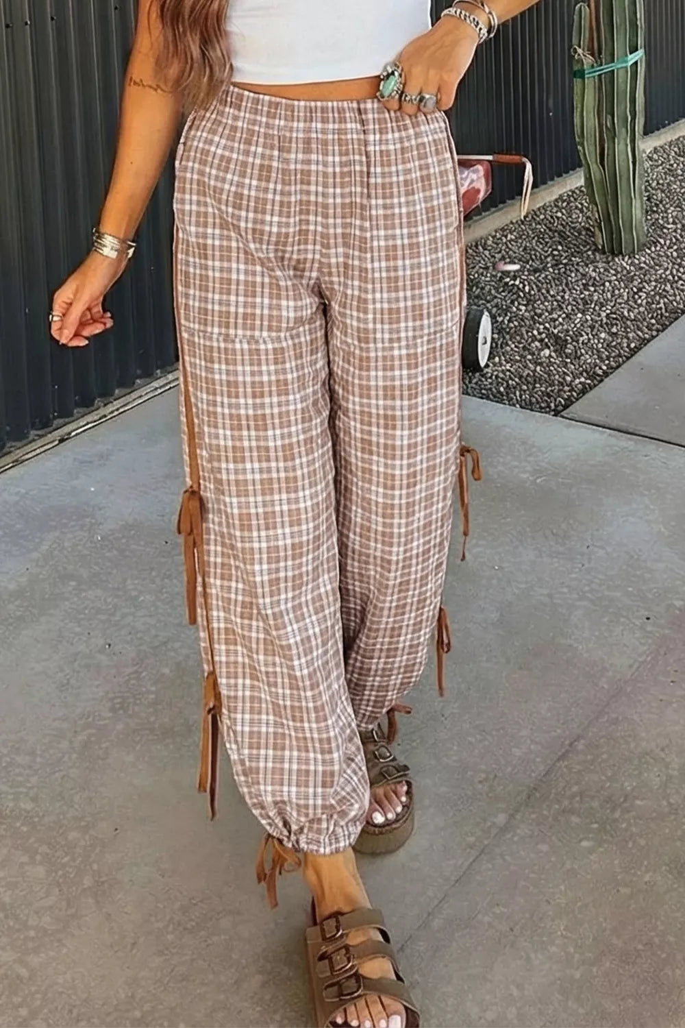 Plaid Print Tie Detail Casual Pants in Camel for Women
