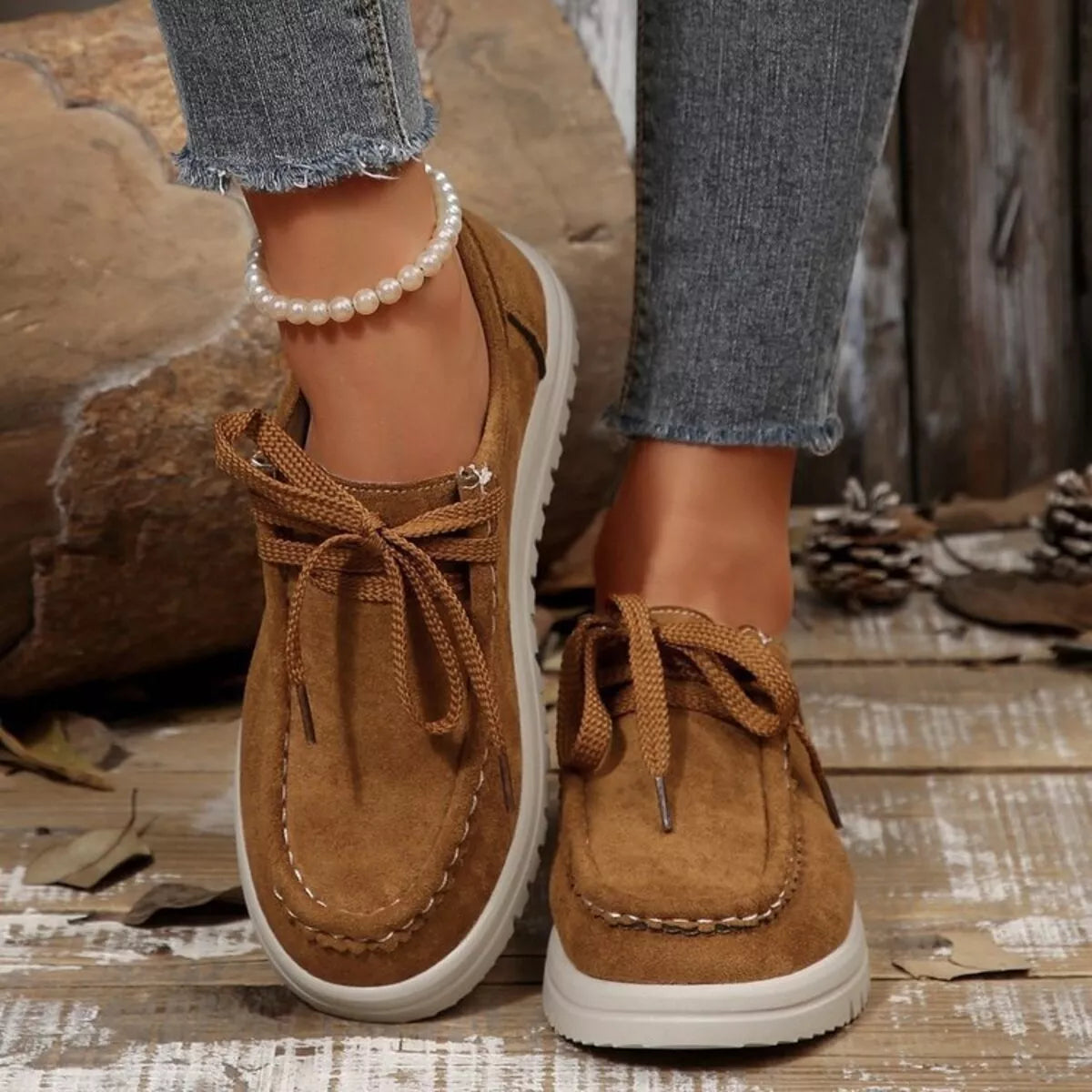 Lace Up Round Toe Loafers in Apricot for Women