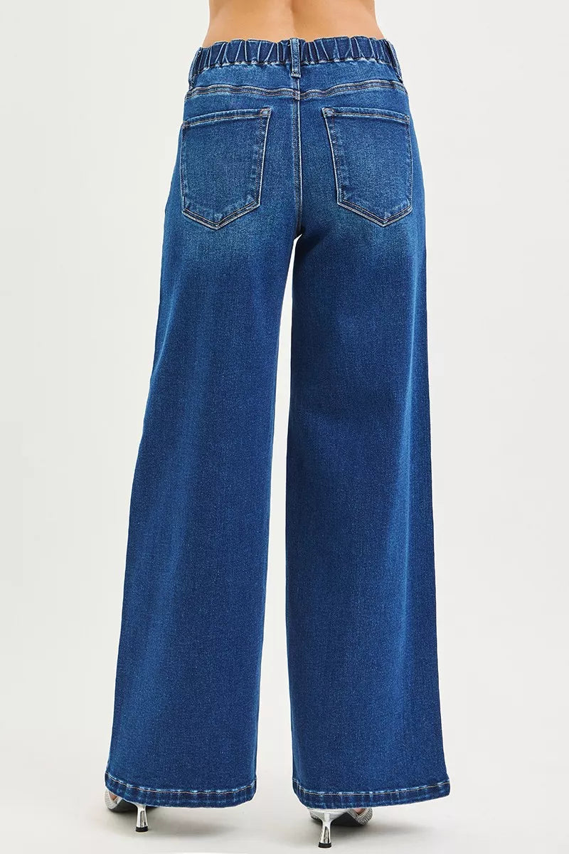 Mid Rise Wide Side Pintuck Jeans with Front Drawstring Plus Size in Dark for Women