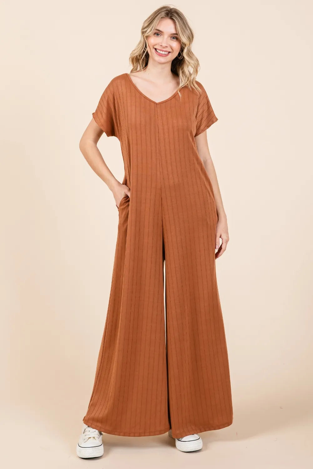Bombom Ribbed Short Sleeve Wide Leg Jumpsuit in Camel for Women