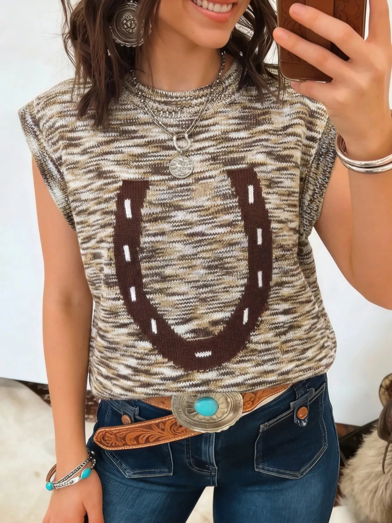 Western Horseshoe Knit Sweater Vest in Mocha for Women
