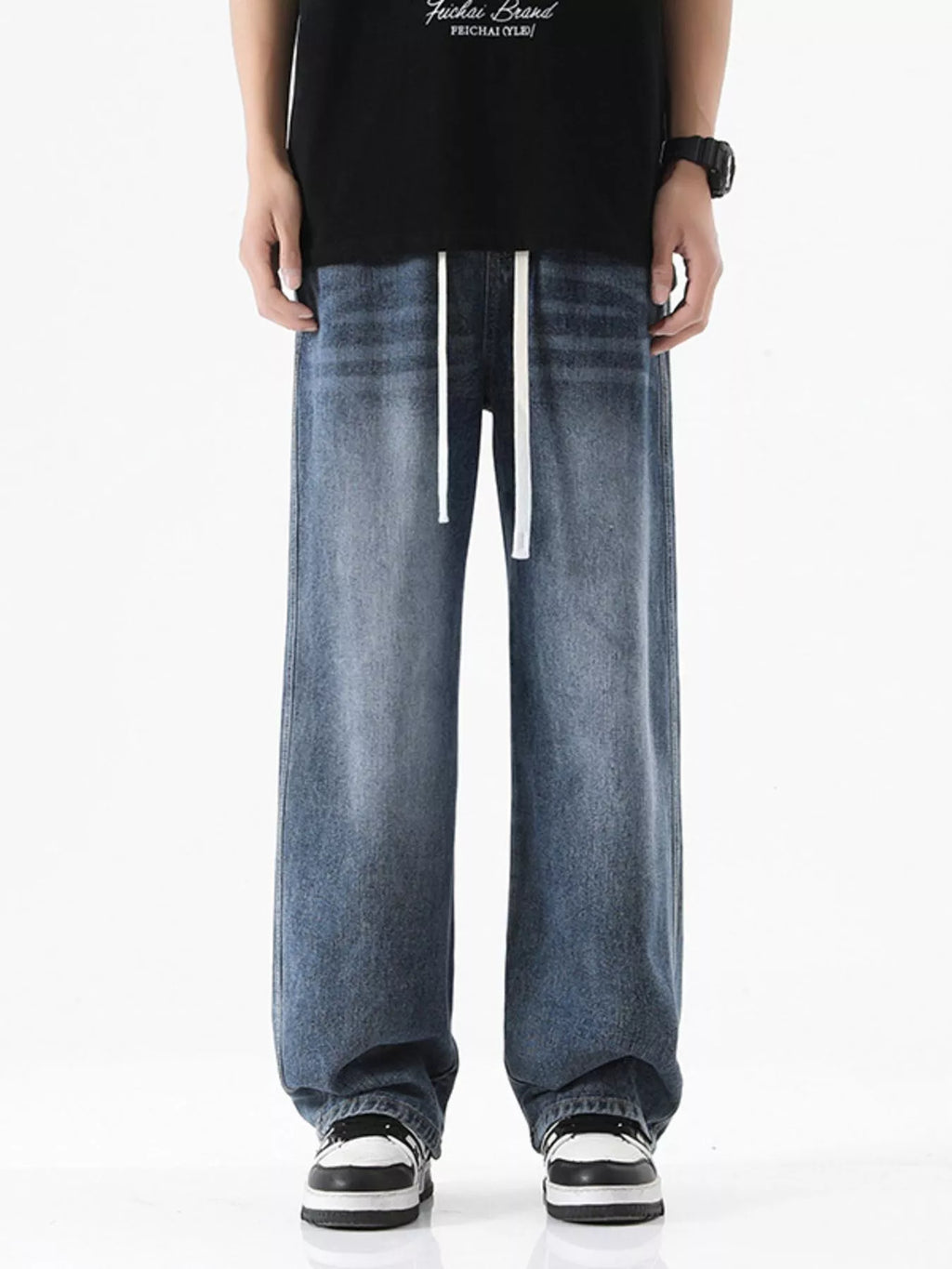 Drawstring Wash Wide Leg Jeans Plus Size in Light Blue for Men
