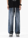 Drawstring Wash Wide Leg Jeans Plus Size in Light Blue for Men