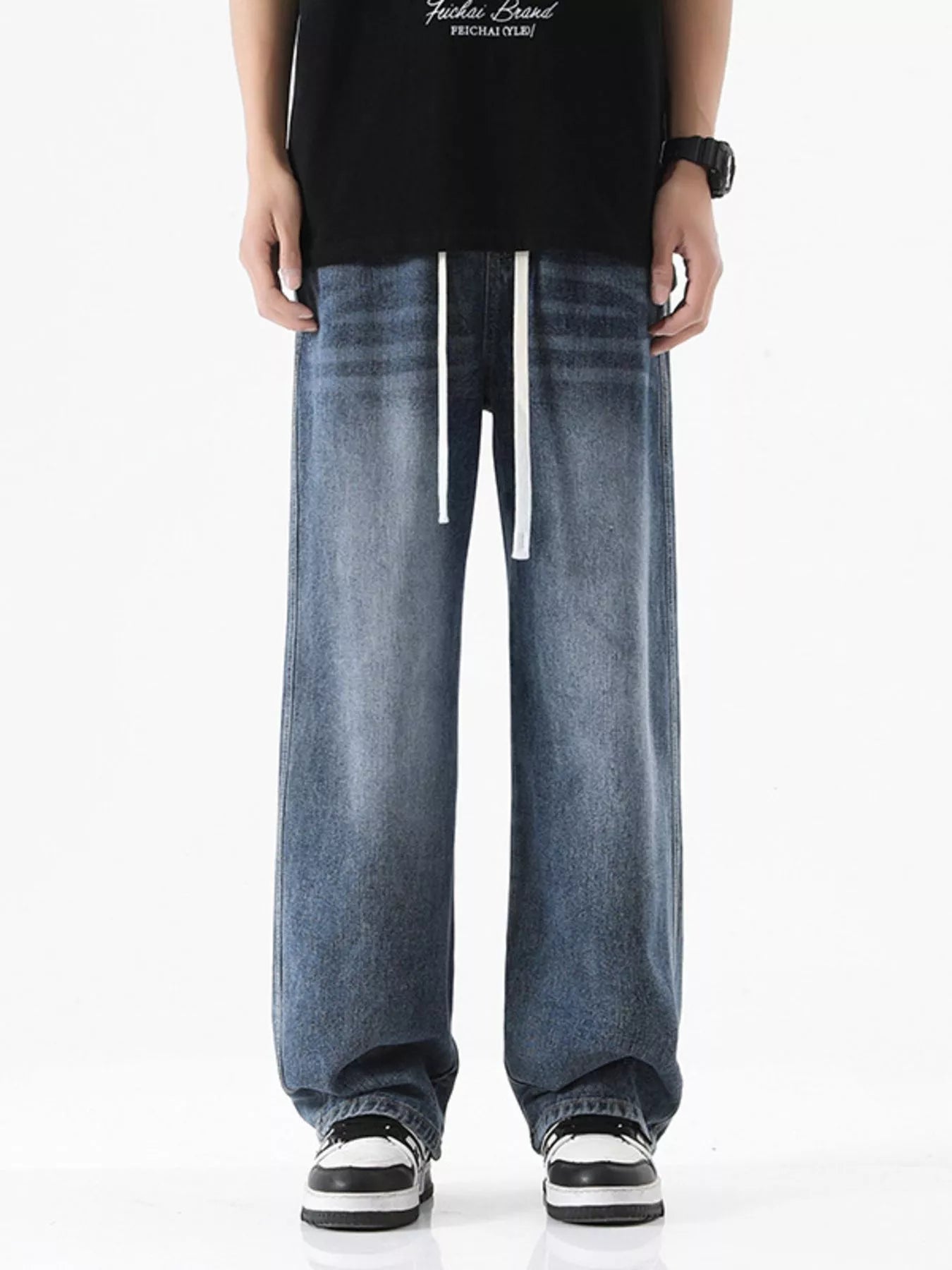 Drawstring Wash Wide Leg Jeans Plus Size in Light Blue for Men
