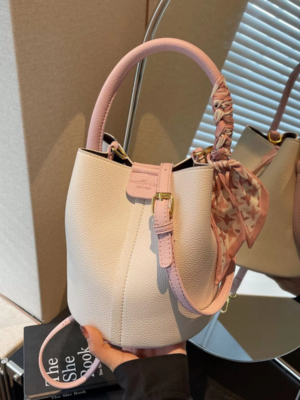 Leather Bucket Crossbody Bag in Cream for Women
