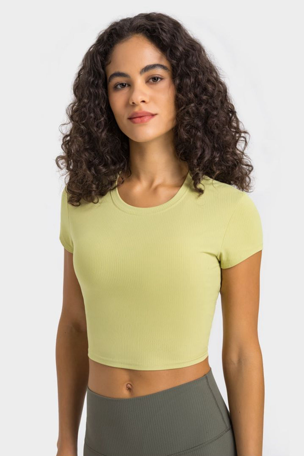 Round Neck Short Sleeve Cropped Sports T-Shirt in Lemon for Women