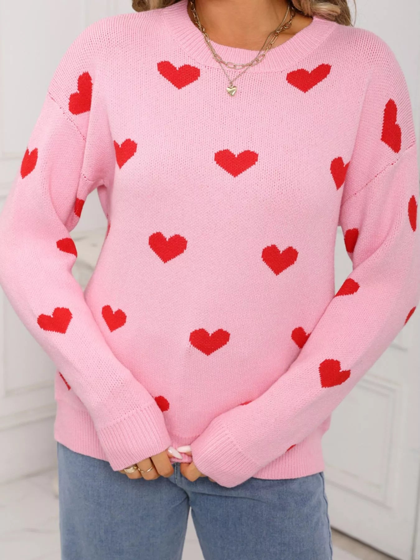 Valentines Day Heart Pattern Dropped Shoulder Sweater in Pink for Women