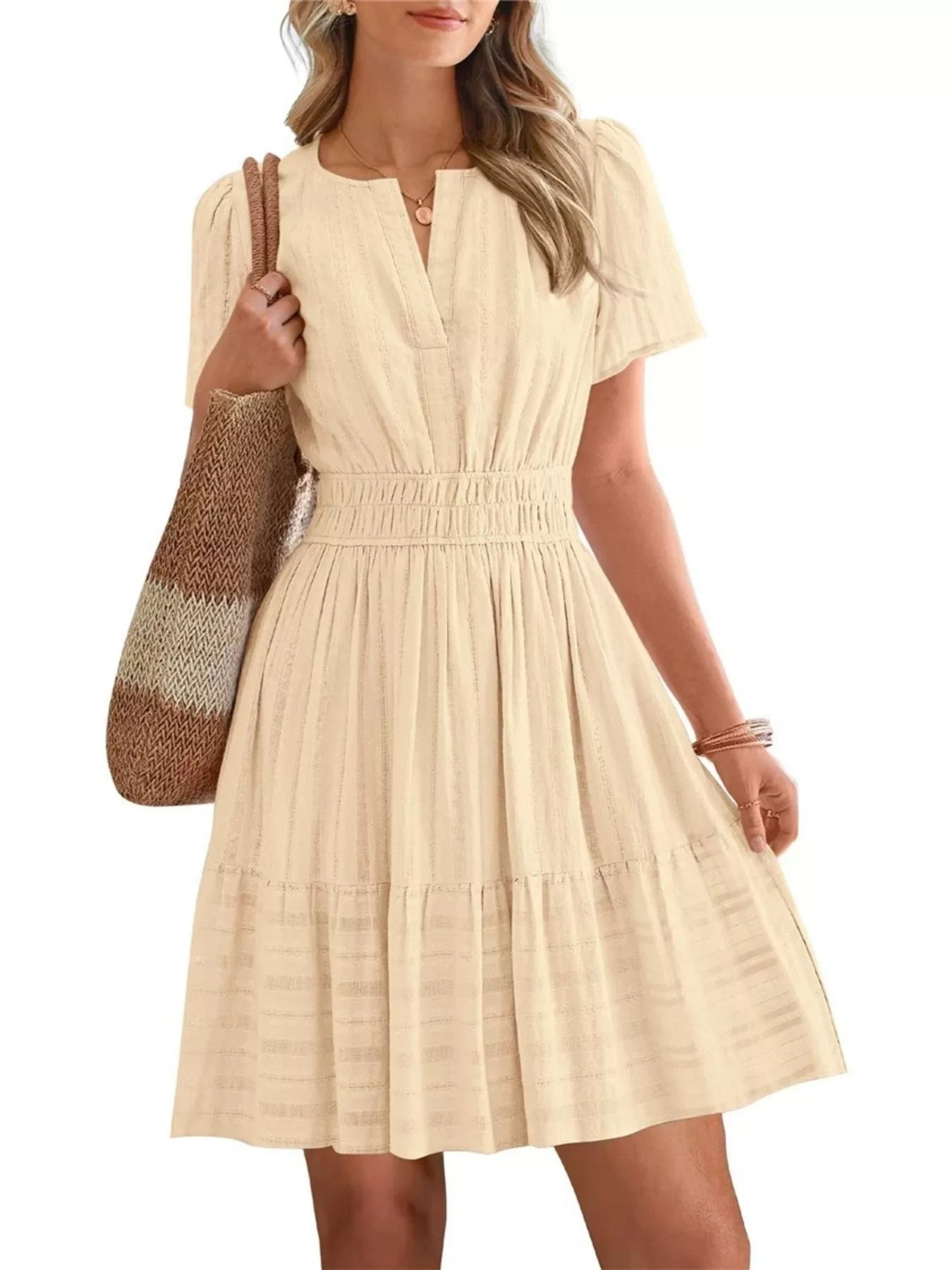 Short Sleeve Smocked Waist Tiered Dress in Army Green for Women