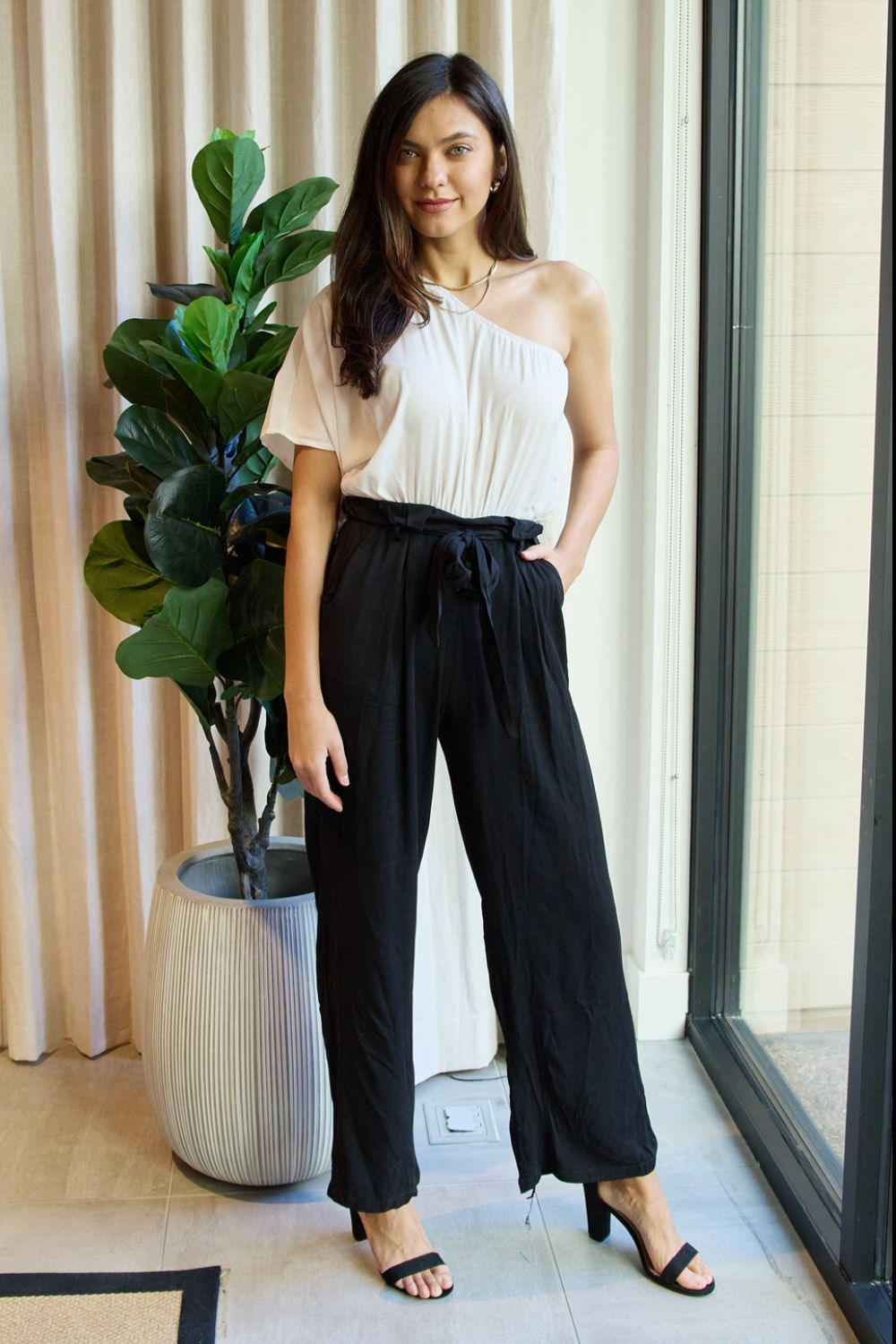 Marvelous in Manhattan One-Shoulder Jumpsuit in White/ Black in White Black for Women