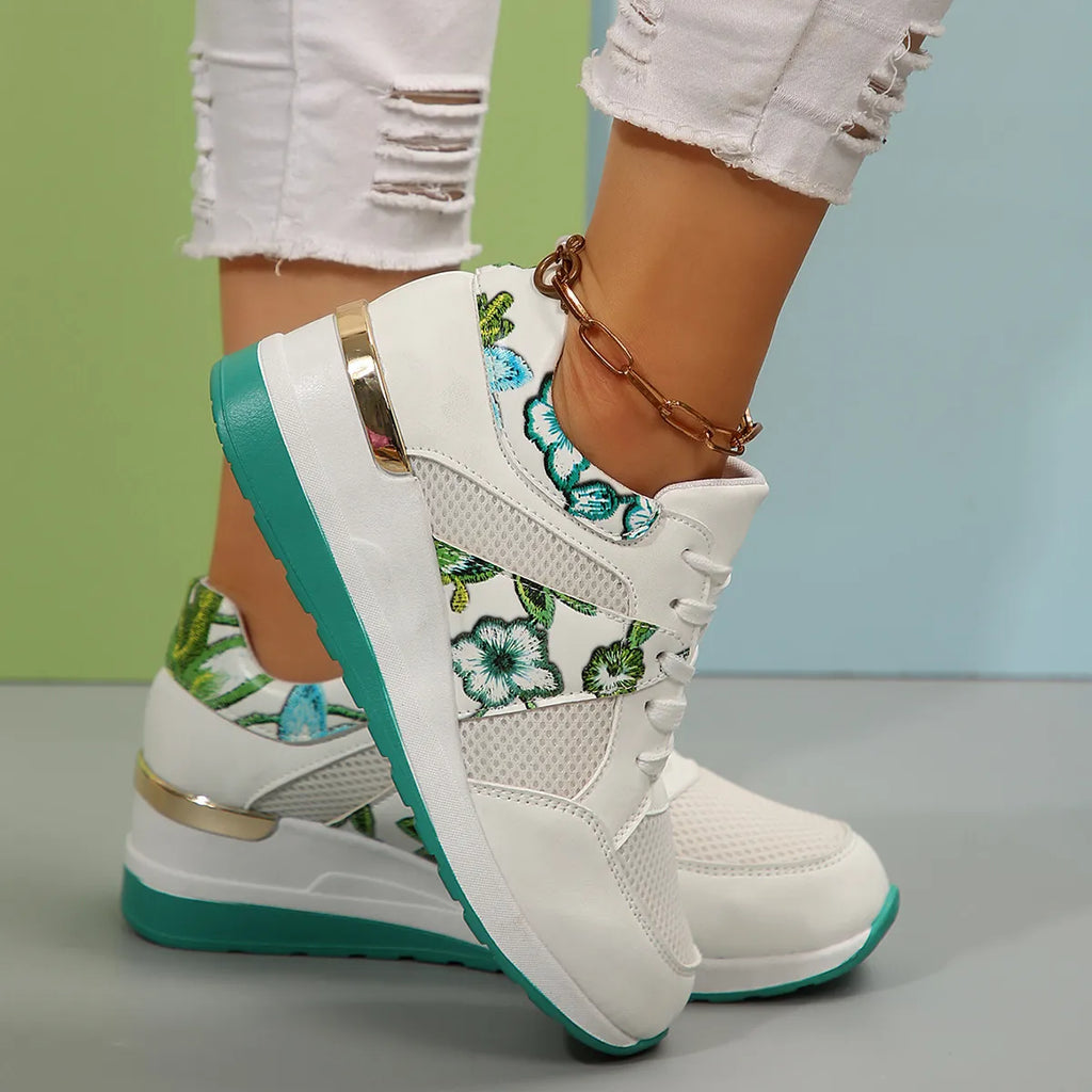 Floral Mesh Wedge Athletic in White for Women