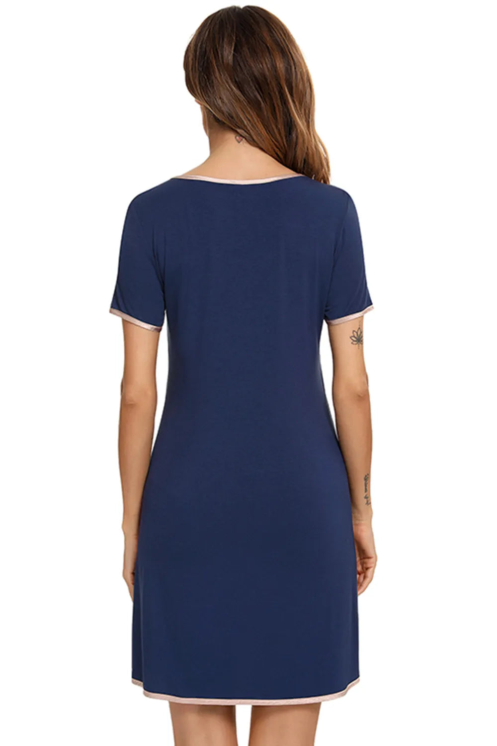 Contrast Trim Pocketed Round Neck Lounge Dress in Dark Blue for Women
