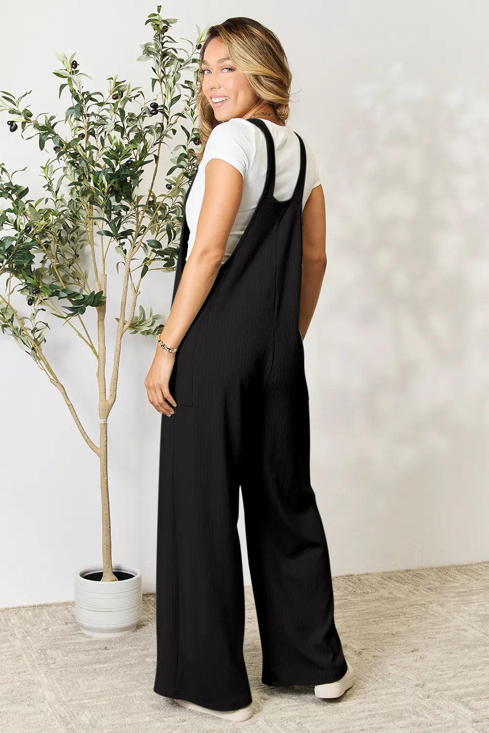 Plus Size Wide Strap Overall with Pockets in Black for Women