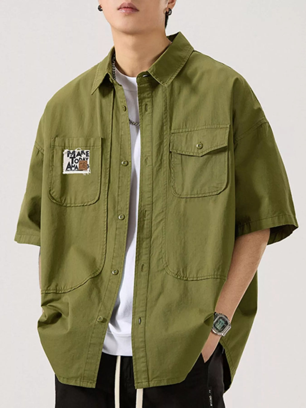 Button Up Short Sleeve Shirt Plus Size in Army Green for Men