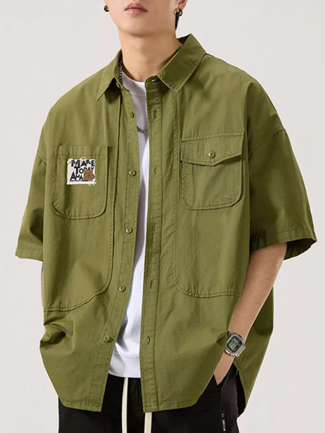 Button Up Short Sleeve Shirt Plus Size in Army Green for Men
