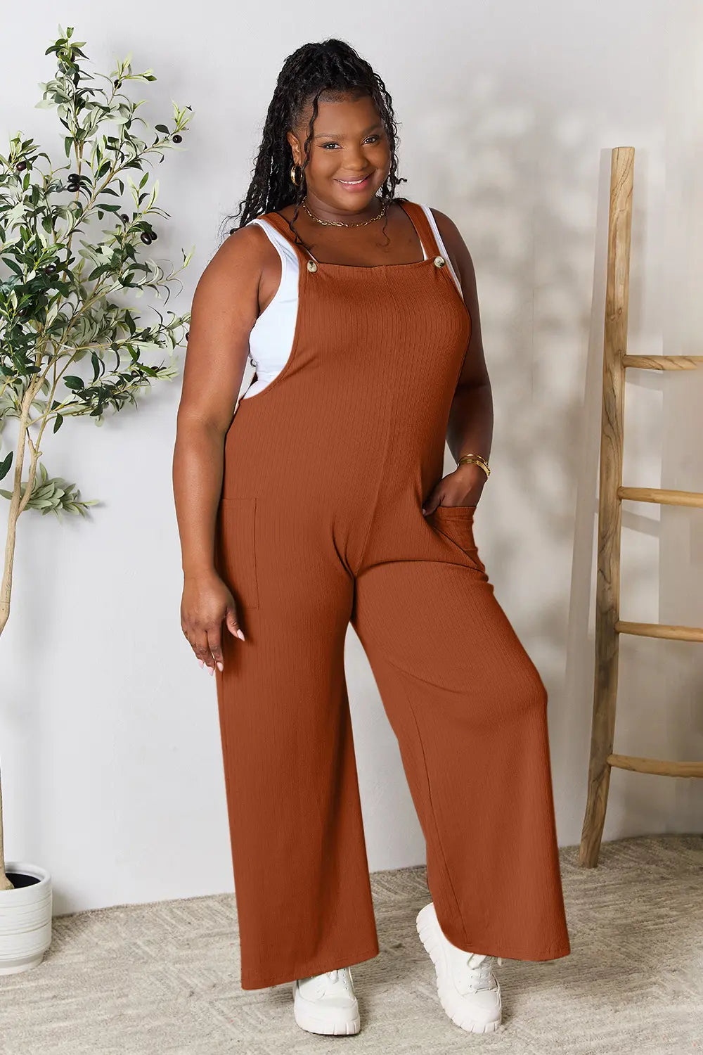 Plus Size Wide Strap Overall with Pockets in Ochre for Women