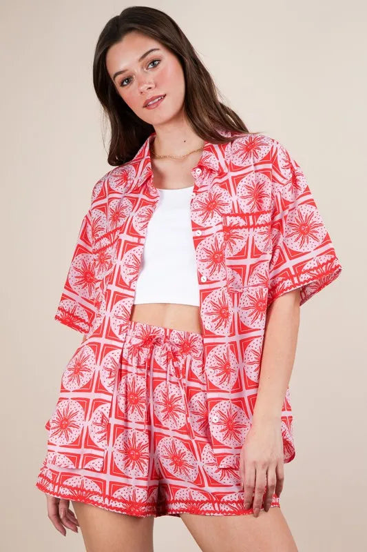 Tropical Printed Shirt Top and Shorts Set Plus Size in Tomato for Women