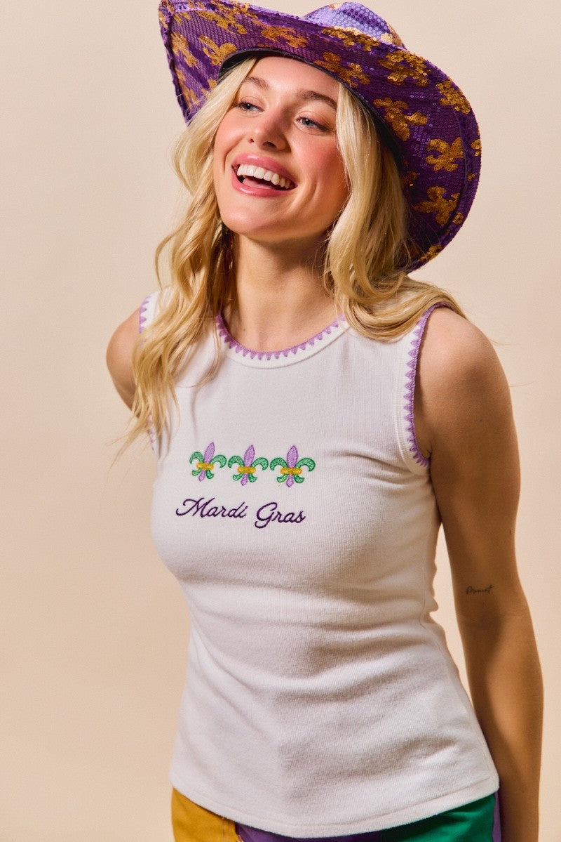 Mardi Gras Tank Top with Contrast Blanket Stitch for Women