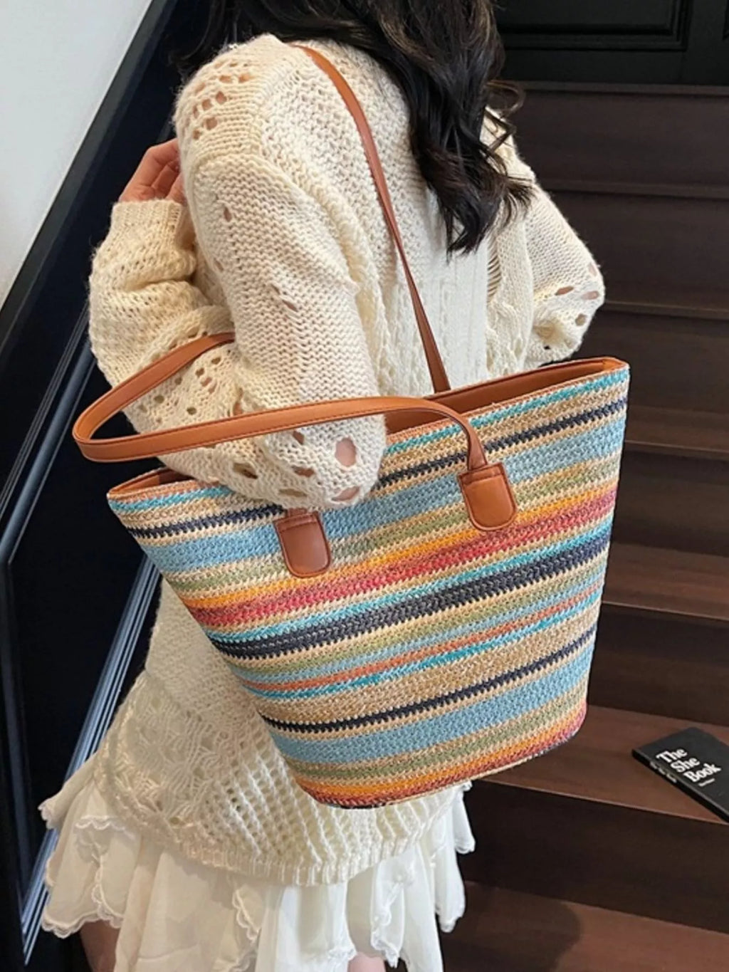 Striped Woven Shoulder Bag for Women