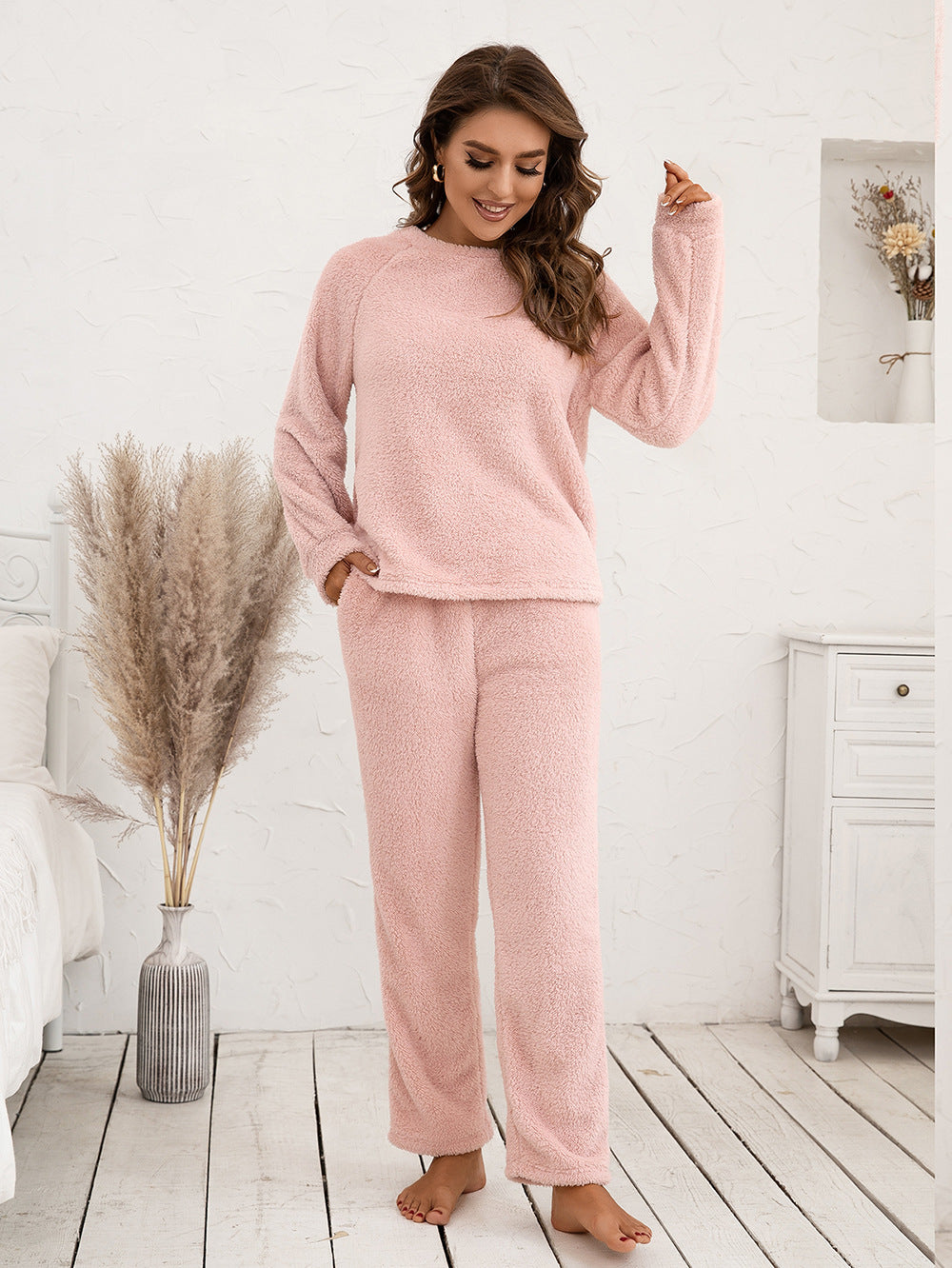 Ivy Lane Teddy Long Sleeve Top and Pants Lounge Set in Chocolate for Women