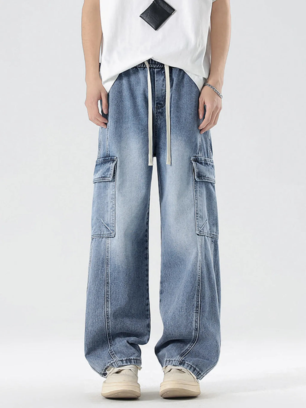 Plus Size Wash Wide Leg Cargo Jeans in Black for Men