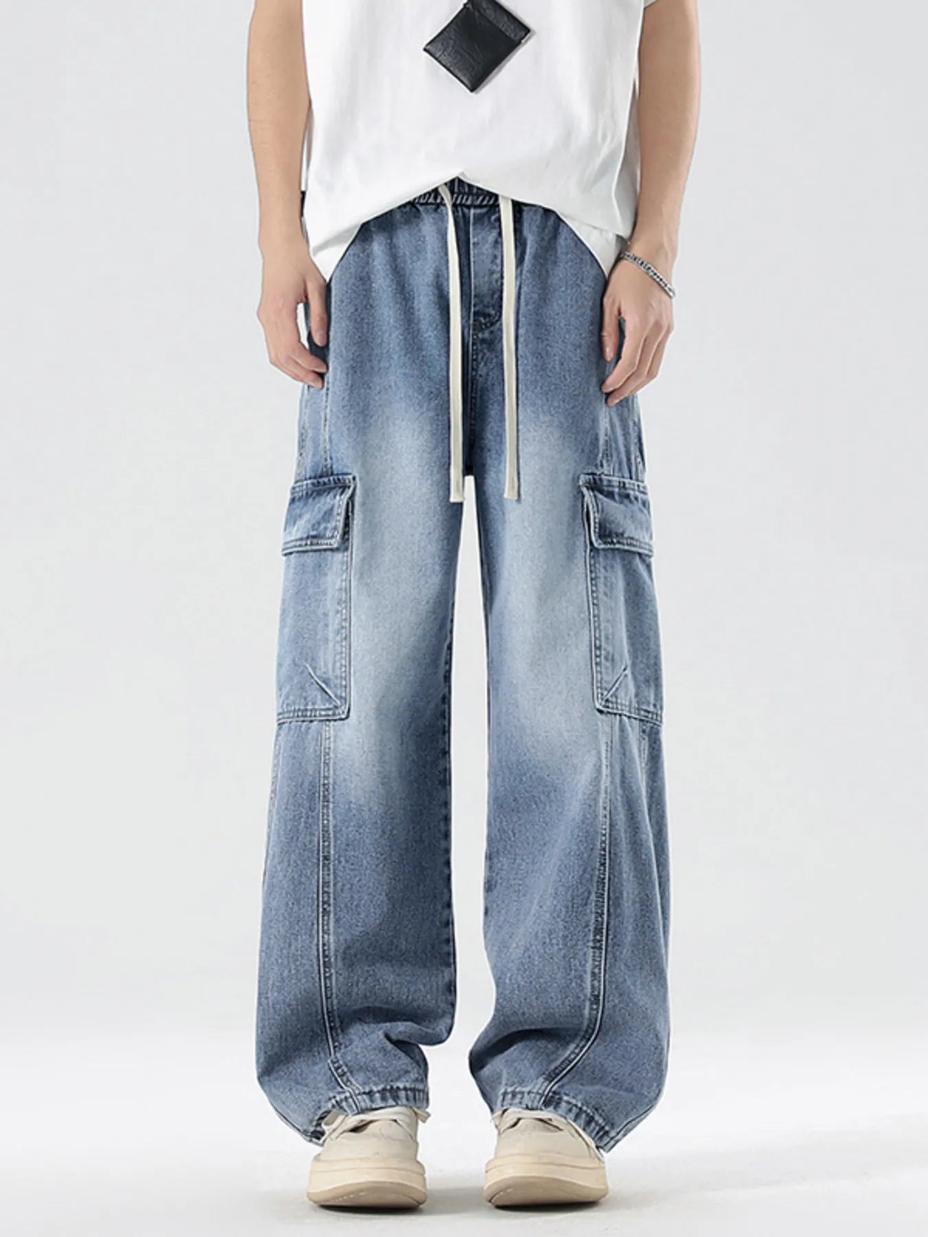 Plus Size Wash Wide Leg Cargo Jeans in Black for Men