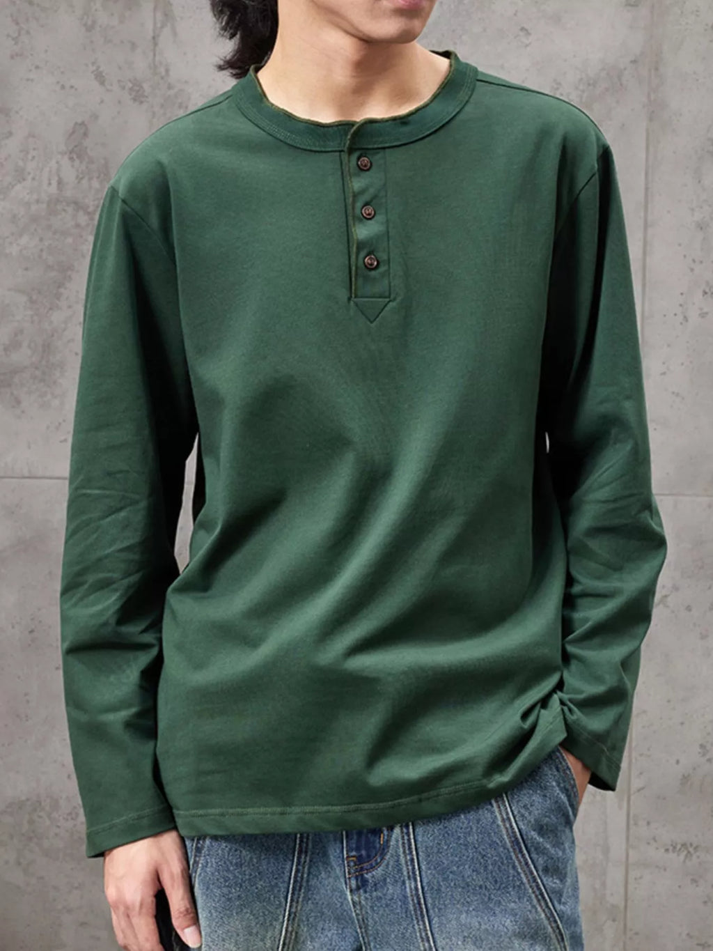 Plus Size Casual Henley Long Sleeve T-Shirt in Black for Men
