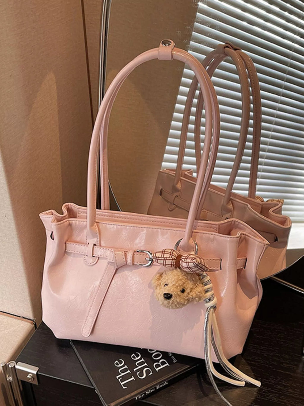 Leather Shoulder Bag with Dog Charm for Women