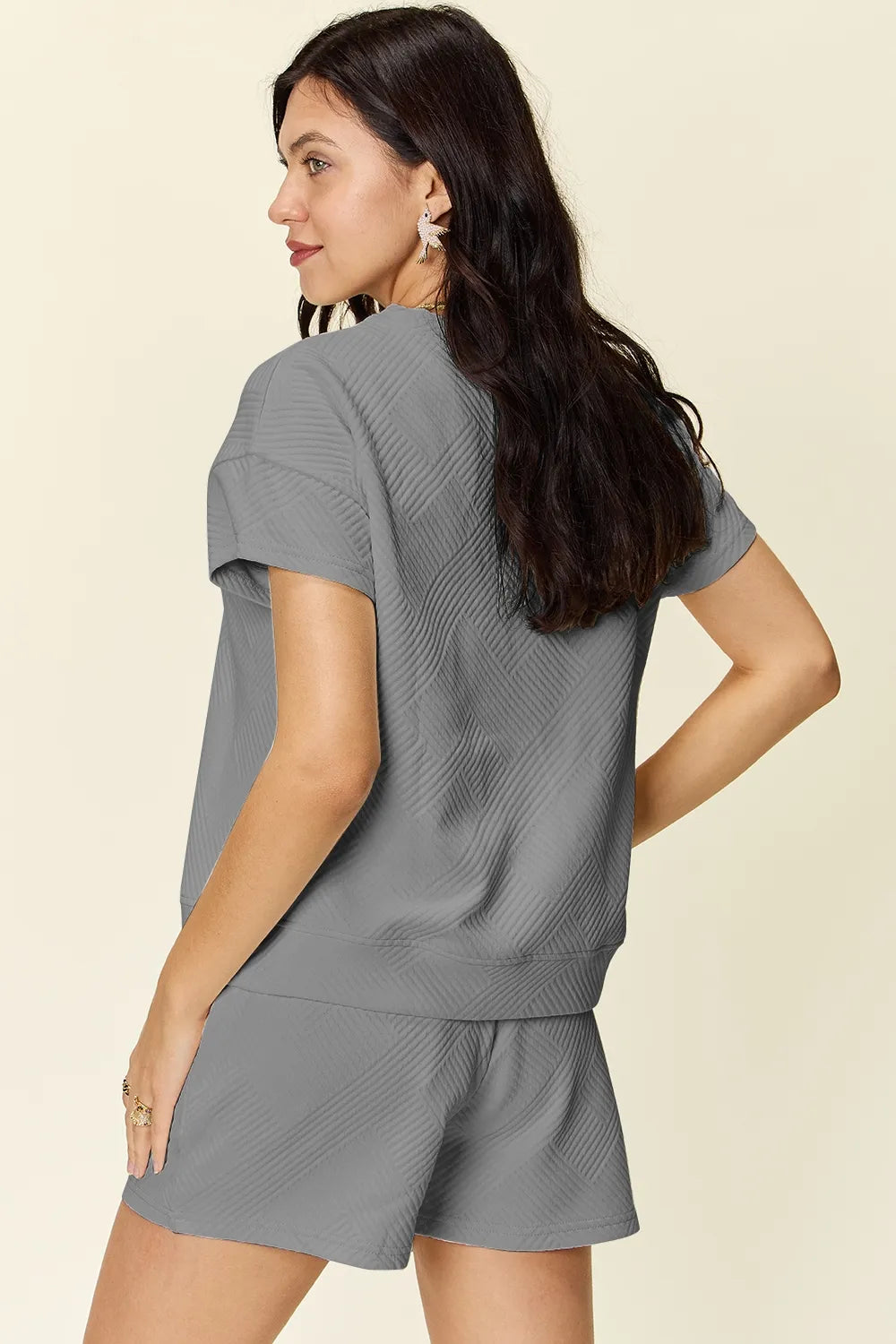 Plus Size Texture Short Sleeve T-Shirt and Drawstring Shorts Set in Mocha in Deep Teal for Women