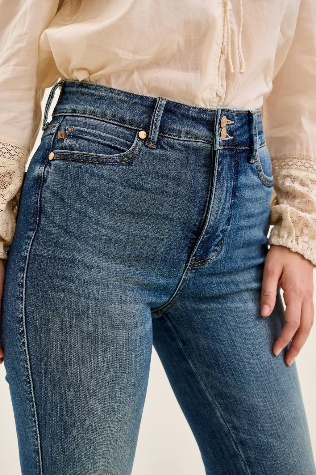 High Waist Double Button Tummy Control Flare Jeans in Dark for Women