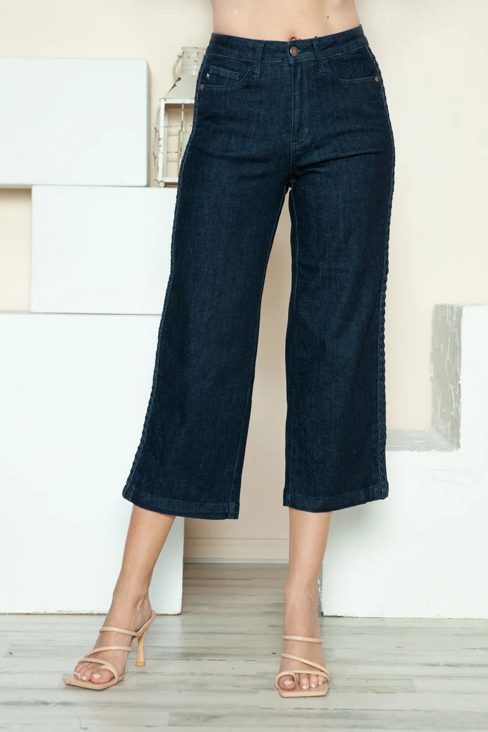 Plus Size Side Seam Braid Detail Crop Wide Leg Jeans in Dark for Women