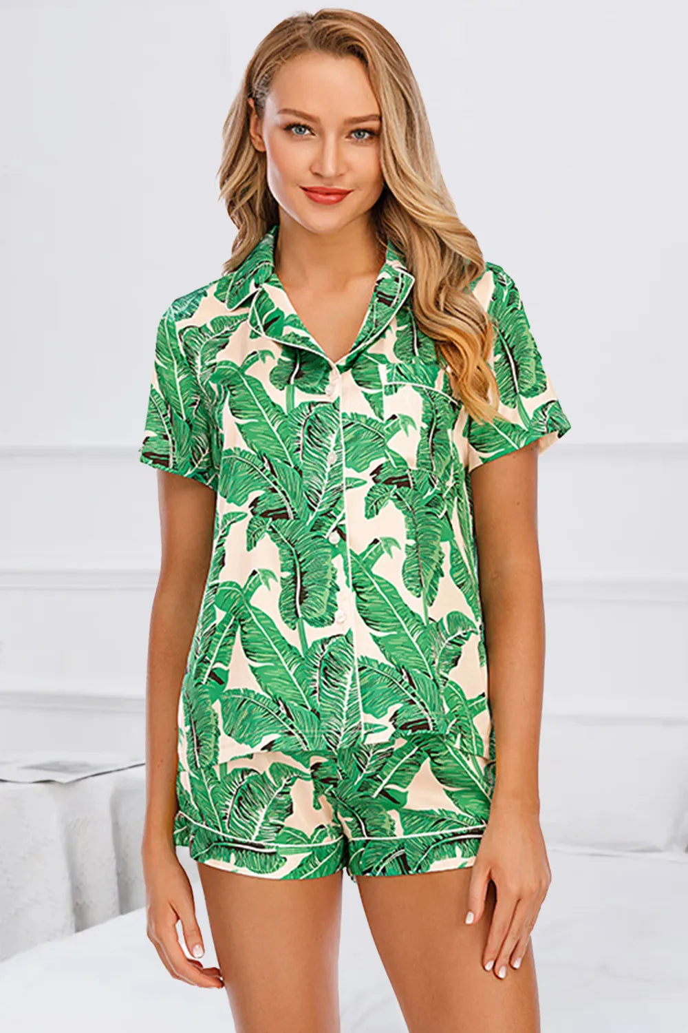 Printed Button Up Short Sleeve Top and Shorts Lounge Set in Tan for Women
