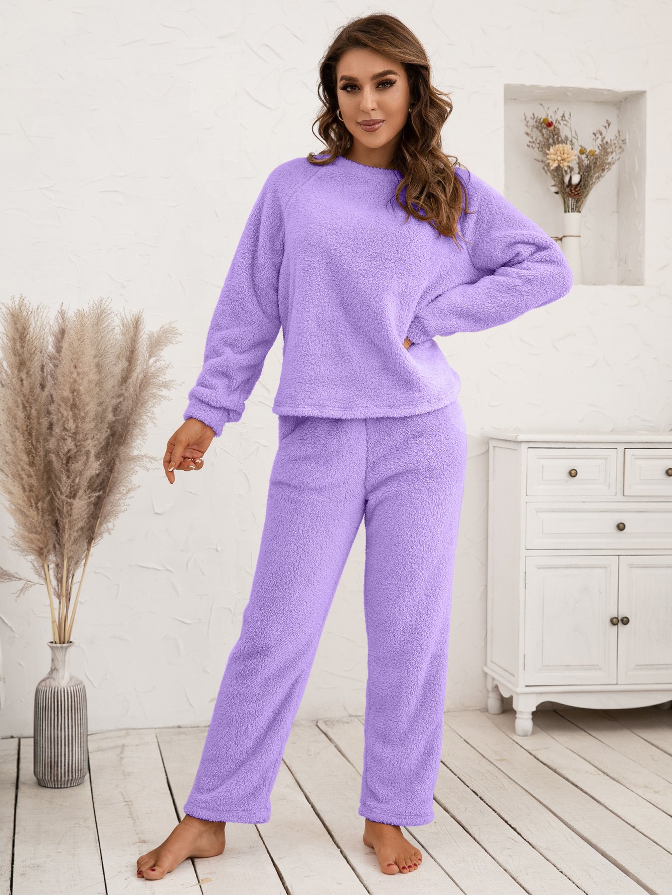 Ivy Lane Teddy Long Sleeve Top and Pants Lounge Set in Watermelon Pink for Women