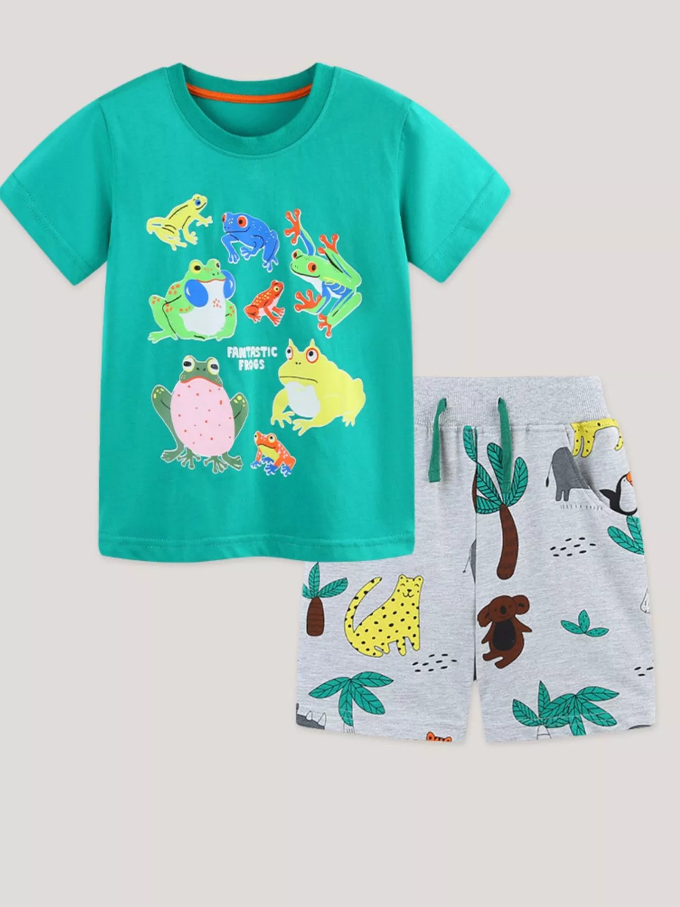 Frog Print Short Sleeve Tee and Shorts Set in Turquoise for Boys