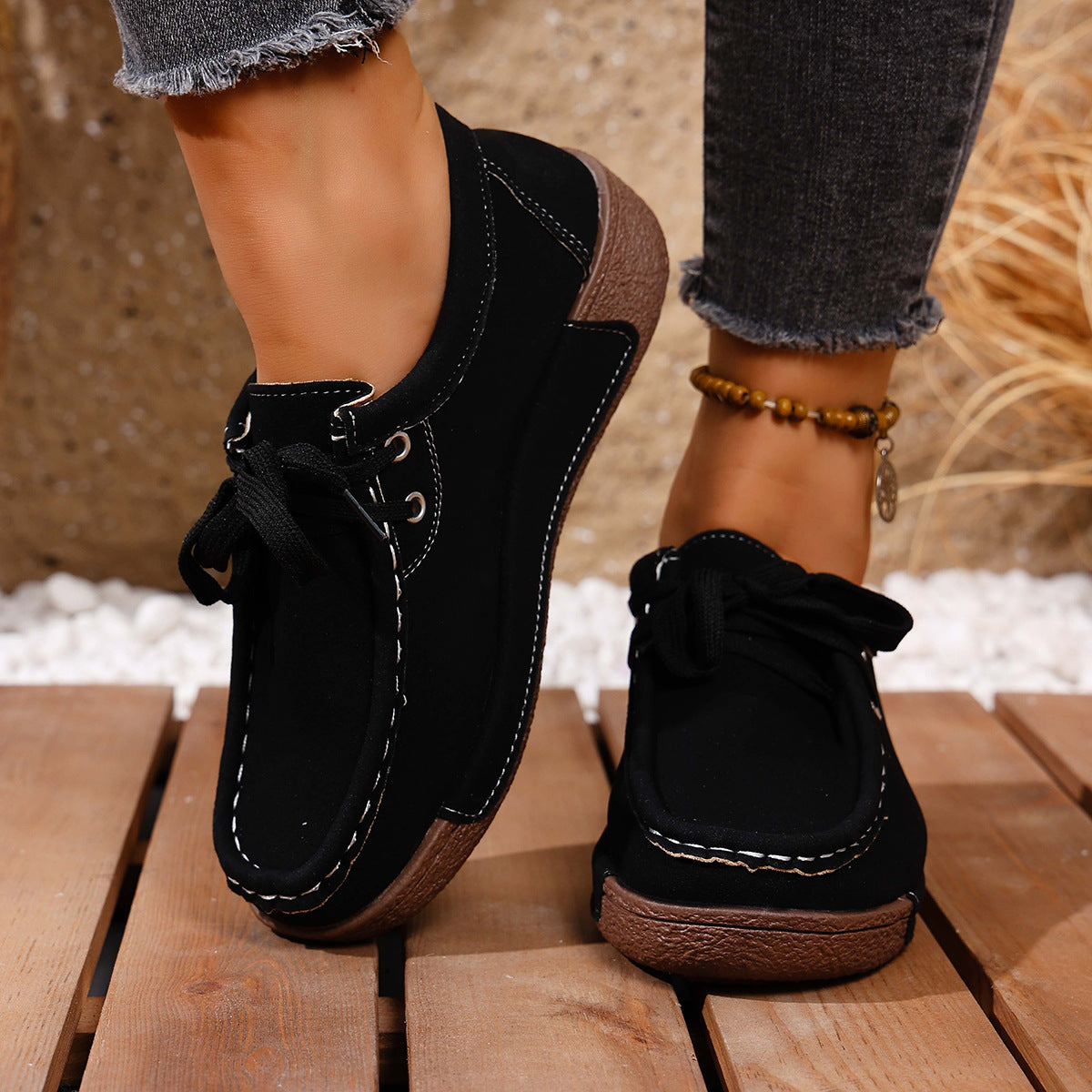 Lace Up Round Toe Sneakers in Black for Women