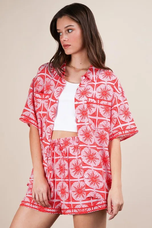 Tropical Printed Shirt Top and Shorts Set Plus Size in Tomato for Women