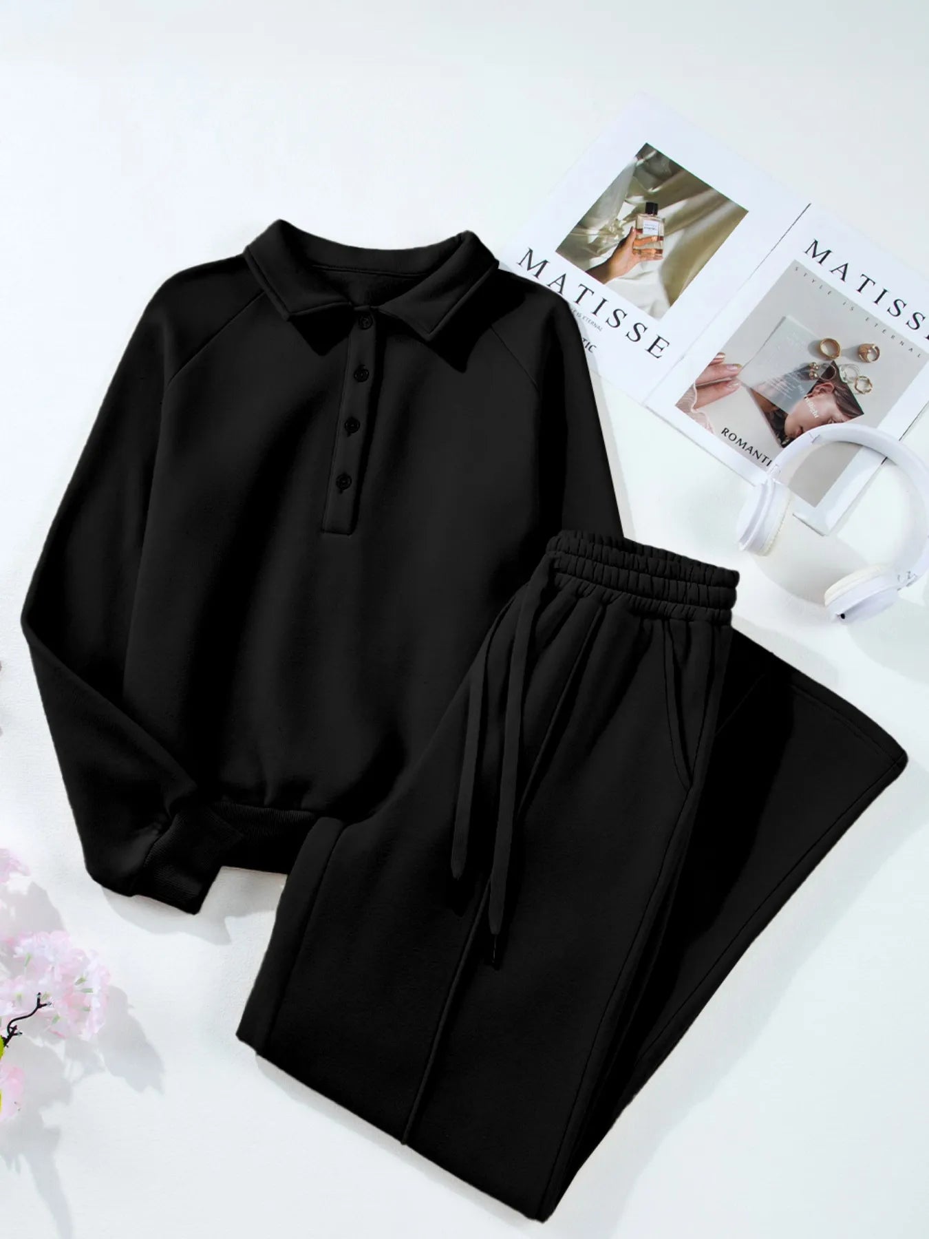 Collared Sweatshirt and High Waist Pants Active Set for Women
