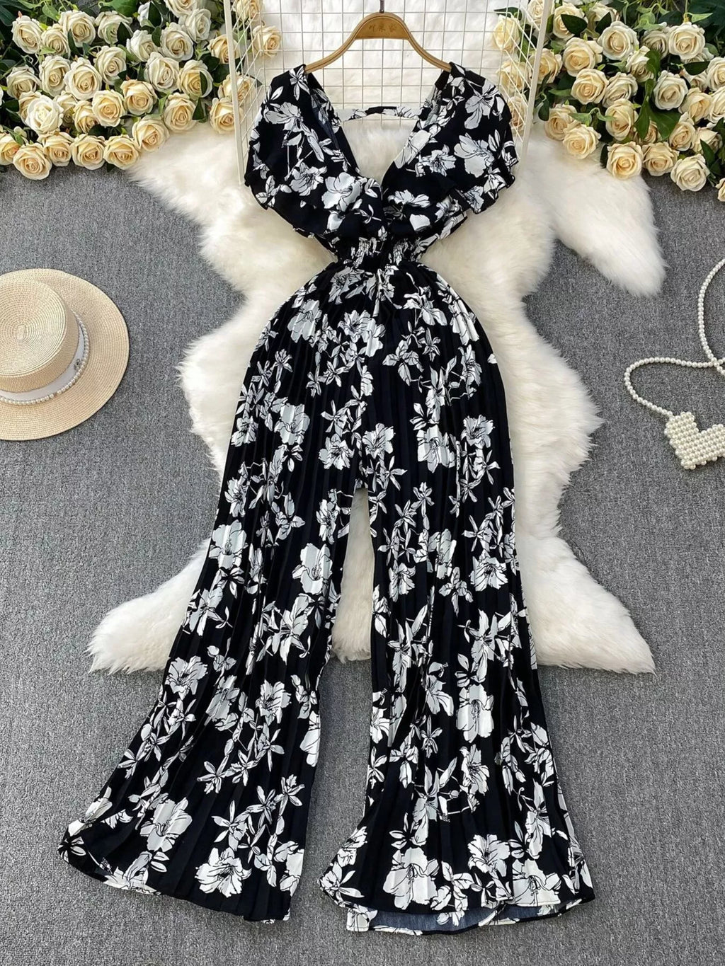 Black Floral Print Wide Leg Pleated Jumpsuit in Rose Red for Women